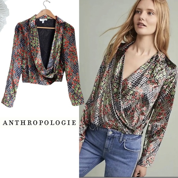 Anthropologie ETT:TWA Wrap Velvet Floral Blazer Cropped Draped Boho Top Jacket 2 - Picture 1 of 6